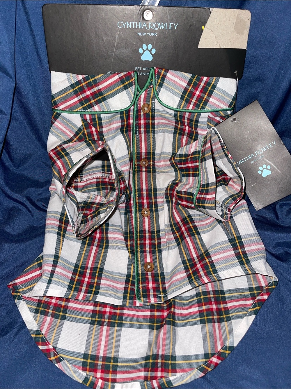 Cynthia Rowley Pet Apparel- White Plaid Button-Down Shirt with Green & Red Trim